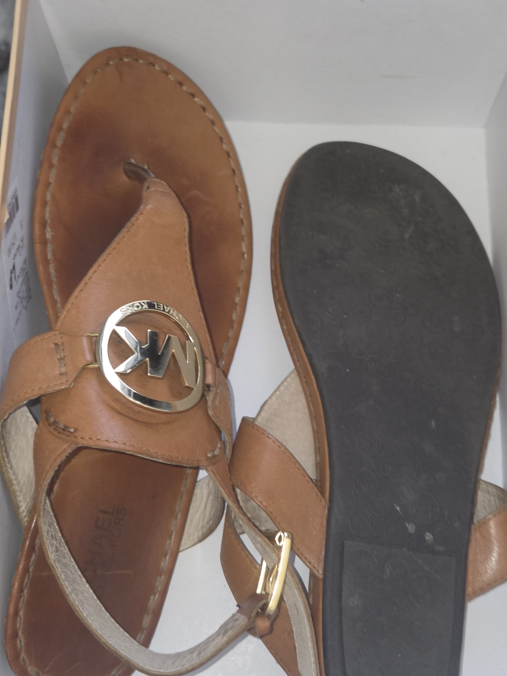 Michael Kors Brown Leather Logo Thong Sandals with Gold Medallion